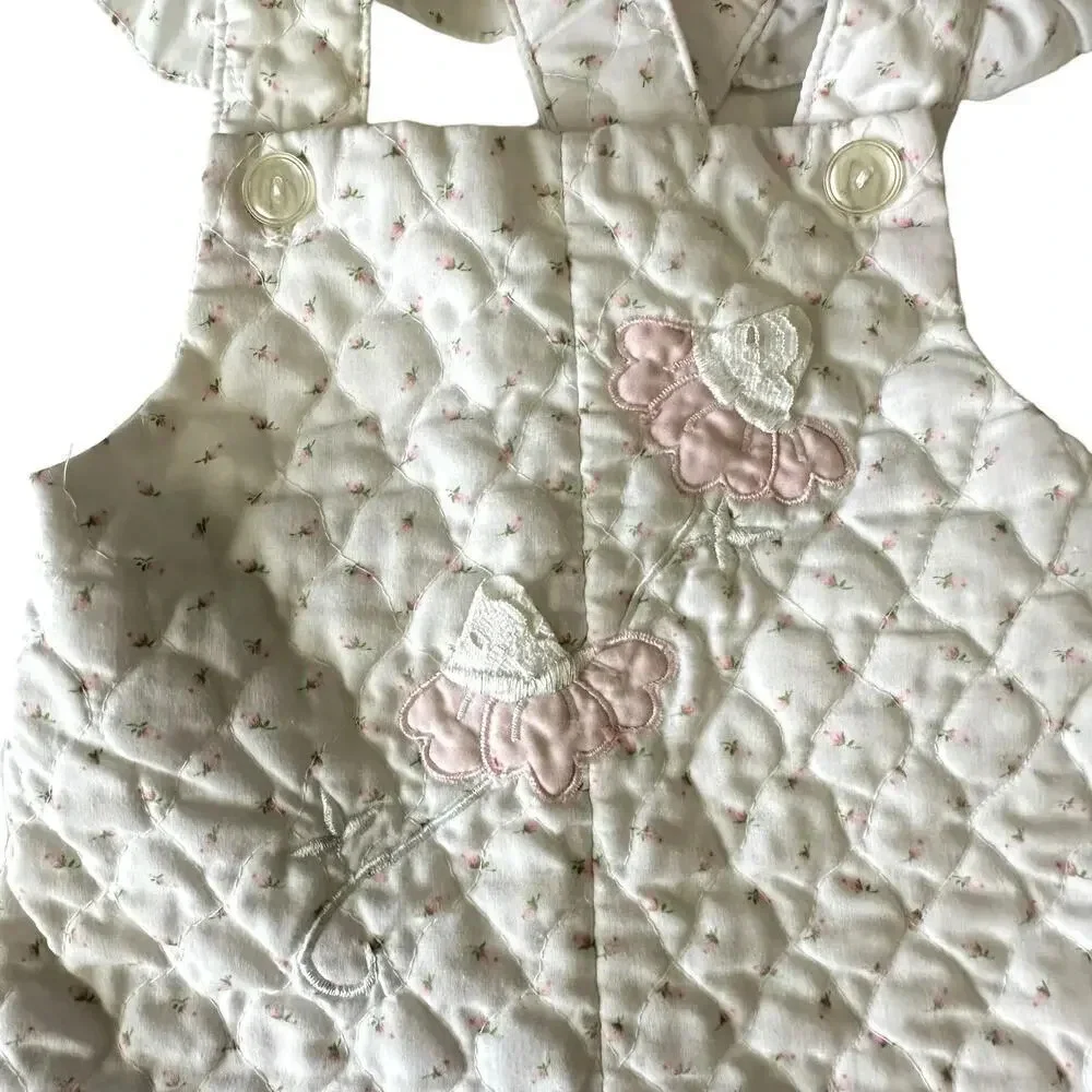 Vintage A Tiny Tots Original Quilted Jumpsuit Girls Toddler 18M White Pink Roses